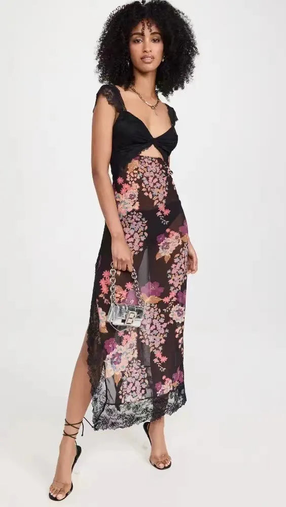 Summer New Lace Backless Shoulder Strap Splicing Slit Pattern Long Dress Women's Clothing - She Vibess By C2P