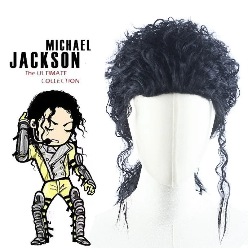 MJ Michael Cosplay Black Wig Jackson Michael Role Play Medium Long Curly Black Hair Pigtail Wig Halloween Cos Wigs + wig cap - She Vibess By C2P