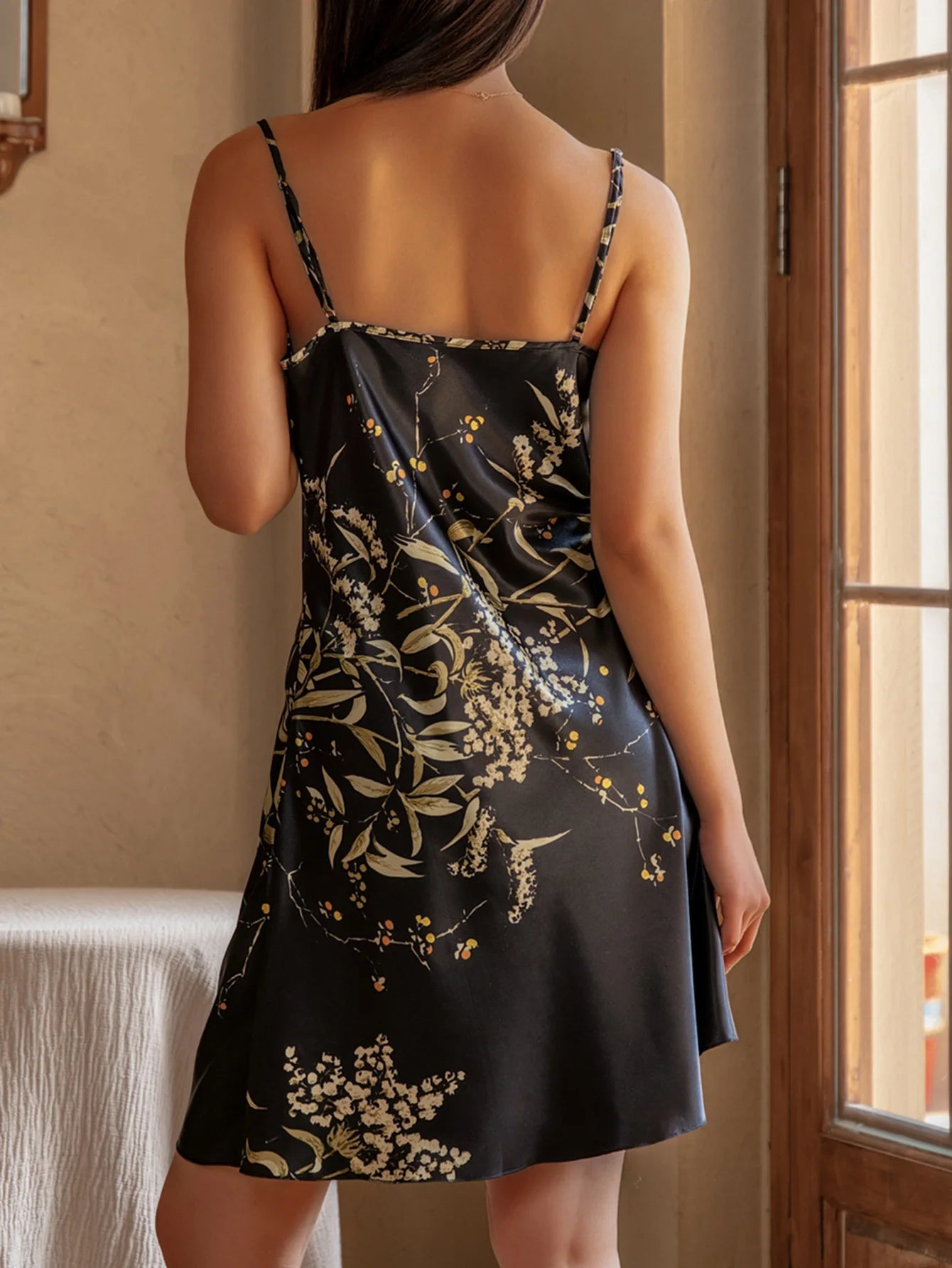 Print Flower Nightgown Female Chemise Sleepwear Home Dress Sexy Spaghetti Strap Nightdress Intimate Lingerie Silk Satin Homewear - She Vibess By C2P