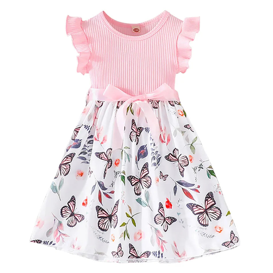 Cute and Comfortable Girls Summer Dress with Butterfly Print and Pitted Stripes Wear Special Occasions Girls Casual Dresses - She Vibess By C2P