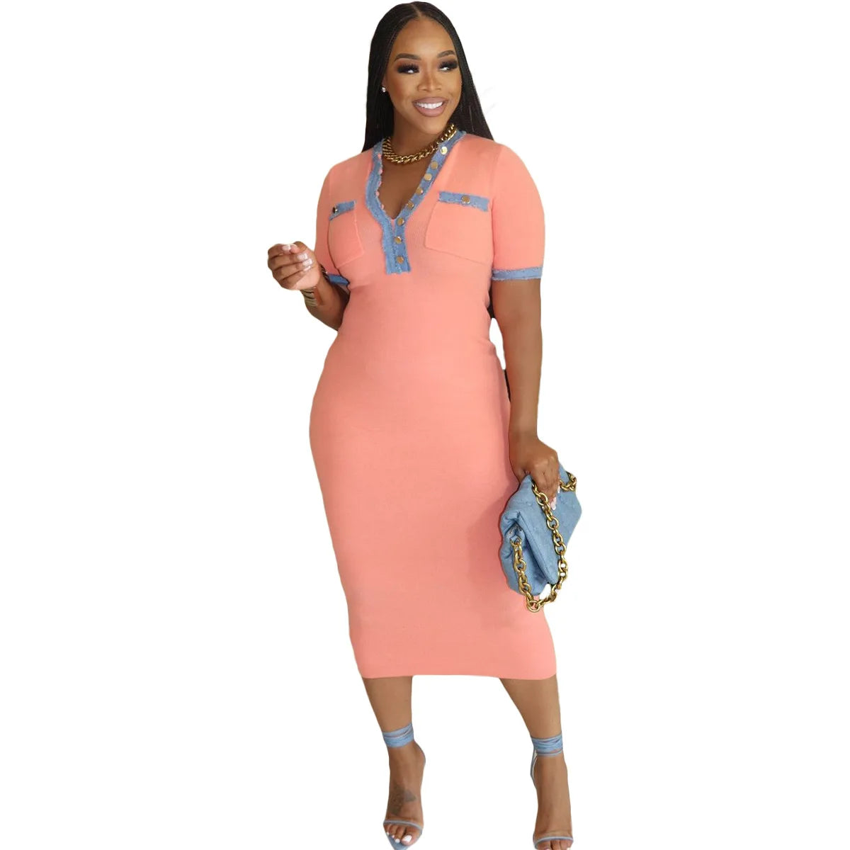 CM.YAYA Women Button Front Denim Splicing V-neck Short Sleeve Midi Dress 2024 Summer Sexy Club Street Party Dresses Vestidos - She Vibess By C2P