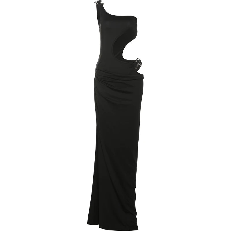 Weird Puss Metal Buckle Dress Women Irregular Hollow Split One Shoulder Skinny Ruched Waistless Midnight Clubwear Maxi Bodycon - She Vibess By C2P