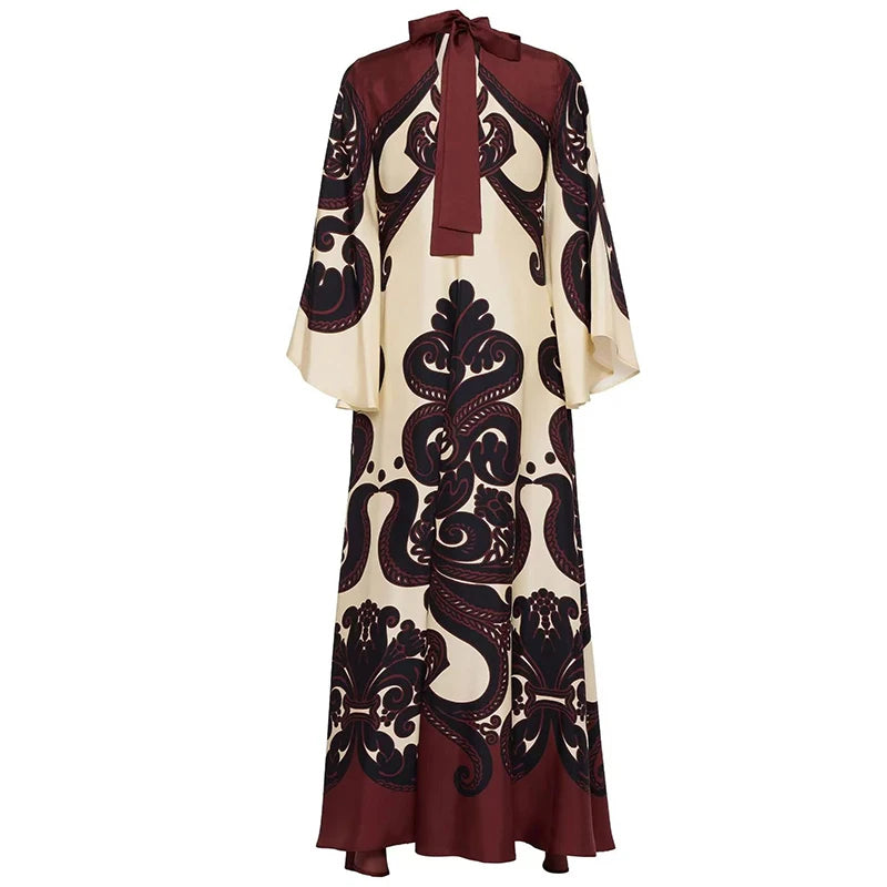 Ethnic Vintage Pattern Print Muslim Women Dresses Spring V Neck Lace-up Loose Long Dress Autumn 3/4 Flare Sleeve Boho Maxi Dress - She Vibess By C2P