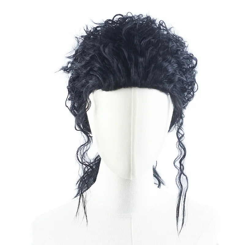 MJ Michael Cosplay Black Wig Jackson Michael Role Play Medium Long Curly Black Hair Pigtail Wig Halloween Cos Wigs + wig cap - She Vibess By C2P