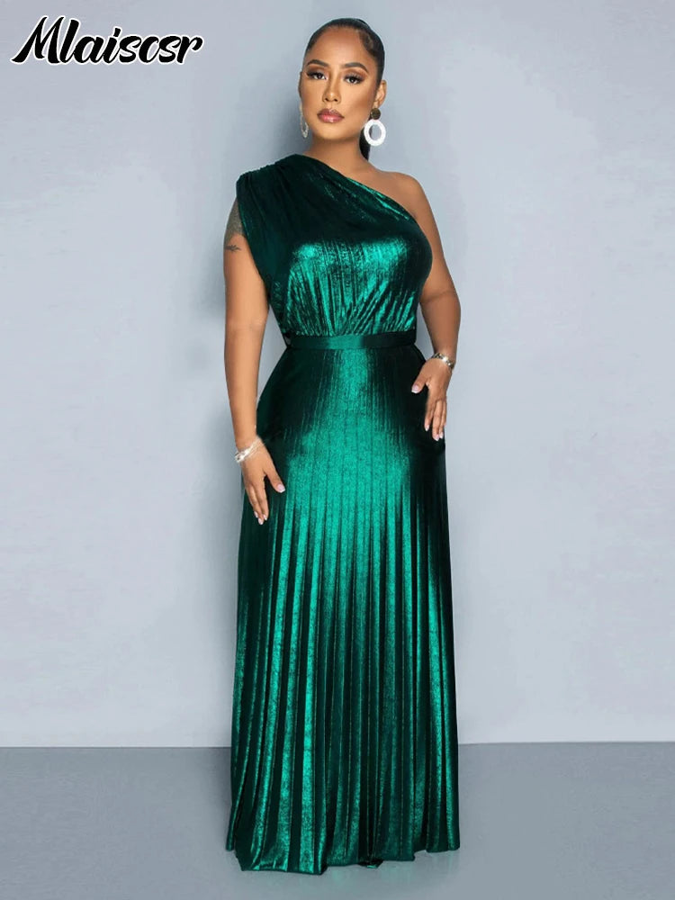 Mlaiscsr Metallic Golden One Shoulder Sleeveless Pleated A-Line Long Dress Elegant Women Luxury Birthday Evening Gowns Vestidos - She Vibess By C2P