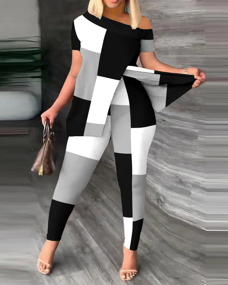 Elegant Women Two Piece Set Suits New Fashion Printed Ruffle Sleeve Top Solid Color Pants Set With Belt Blouses Female Clothing - She Vibess By C2P