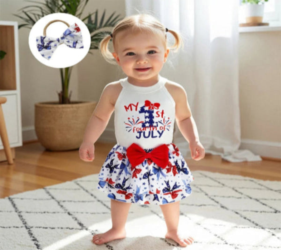 Independence Day Toddler Girls Outfit Set with Sleeveless Tank Top Bow Skirt and Headband - Patriotic Baby Clothes for 4th of - She Vibess By C2P