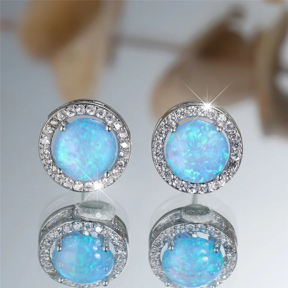 Cute Female Crystal White Blue Opal Round Stone Stud Earrings Silver Color Wedding Jewelry For Women - She Vibess By C2P