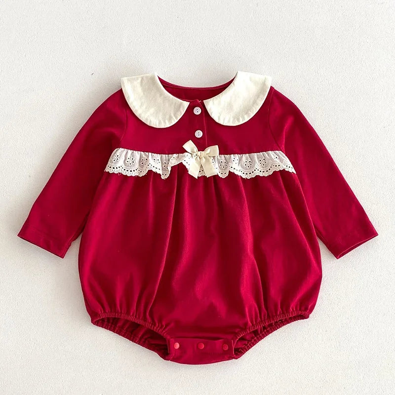 2024 New Autumn Christmas Newborn Baby Girls Long Sleeved Cotton Splicing Infant Baby Jumpsuit 0-24M Children Clothes - She Vibess By C2P