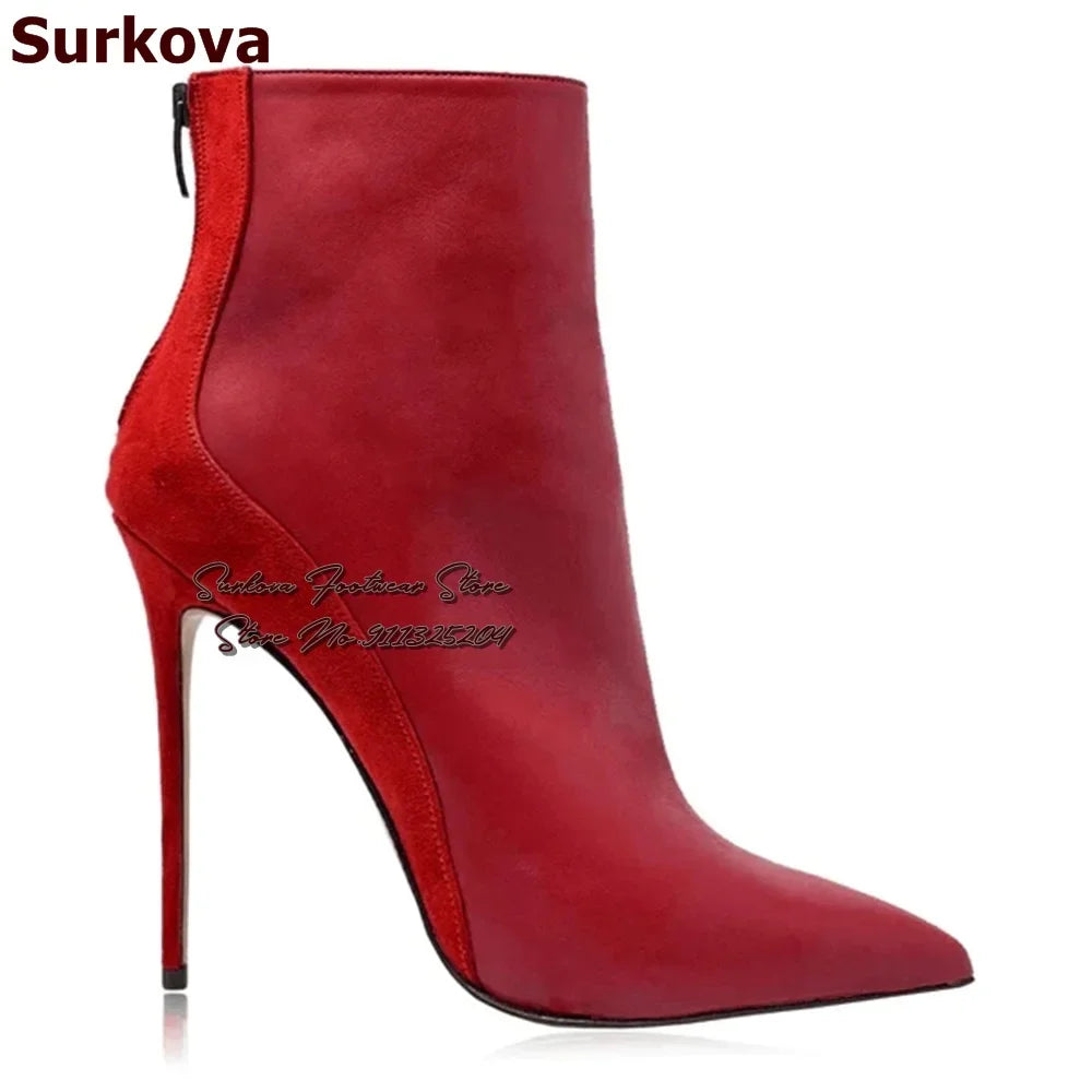Surkova Red Snakeskin Patchwork Suede Pointed Toe Ankle Boots Women Python Thin High Heel Short Booties Back Zipper Dress Shoes - She Vibess By C2P