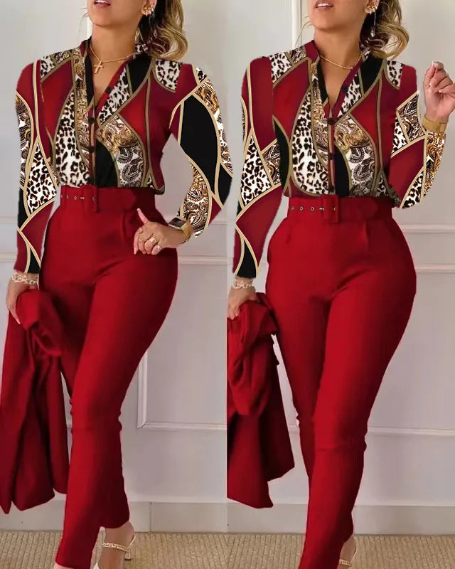 Autumn Winter Stand Neck Floral Print Long Sleeve Shirt Pants Two Piece Sets Elegant Women Casual Shirt Trousers Suits With Belt - She Vibess By C2P