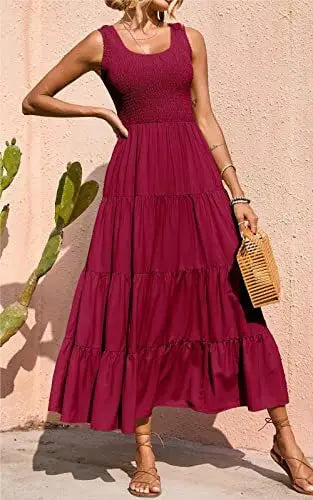 Dresses For Women 2024 Summer Sexy Elegant Sleeveless Floral Solid Color Long Dress Fashion Elastic Waist Beach Party Big Swing - She Vibess By C2P