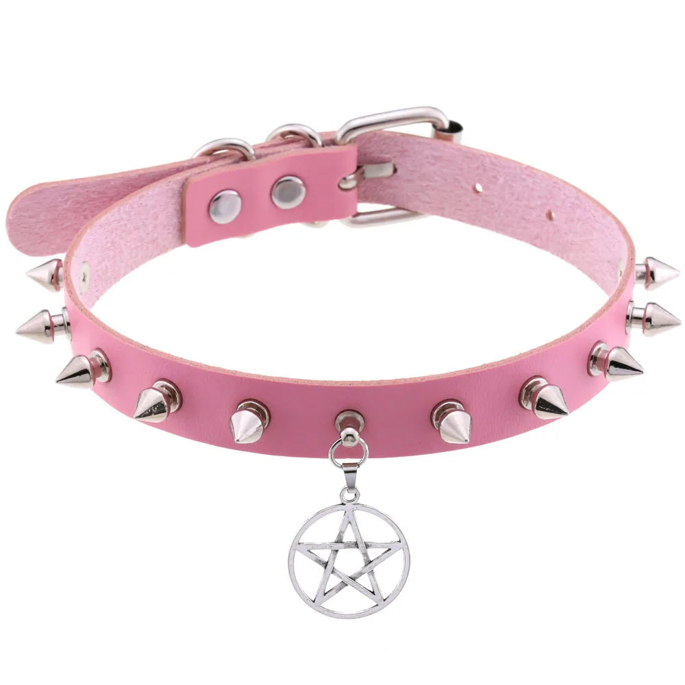DIEZI Harajuku Pink PU Leather Star Heart Flower Choker Necklace Torques For Women Men Gothic Pink PU Leather -I’m Over 21 - She Vibess By C2P