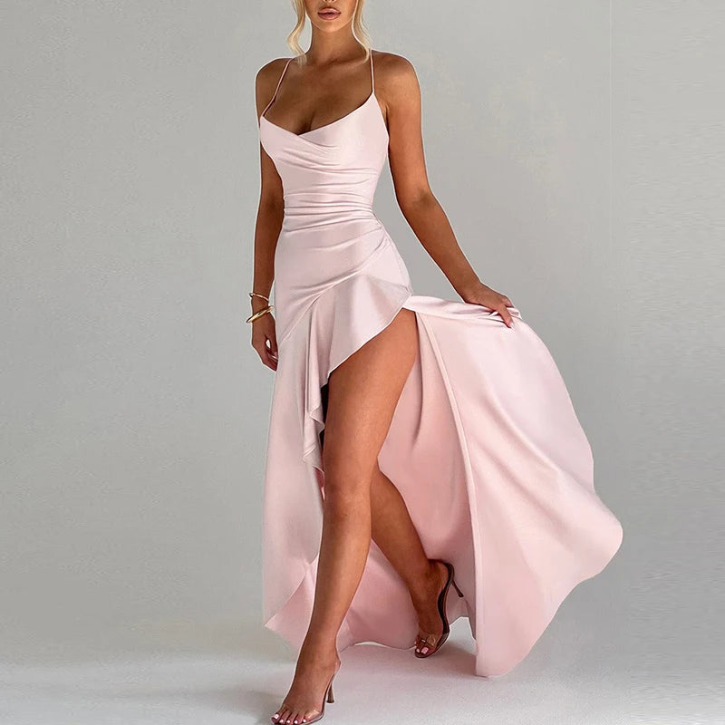 Sexy Slash Neck Slim Ruffle Banquet Dress Women Spring Backless Lace-up Long Irregular Dress Summer Sleeveless Hollow Maxi Dress - She Vibess By C2P