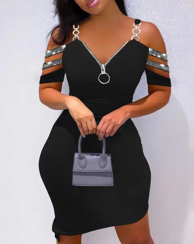 New Fashion 2025 Summer Casual Sexy Colorblock Cold Shoulder Bodycon Skinny Mini Dress Elegant Dresses for Women - She Vibess By C2P