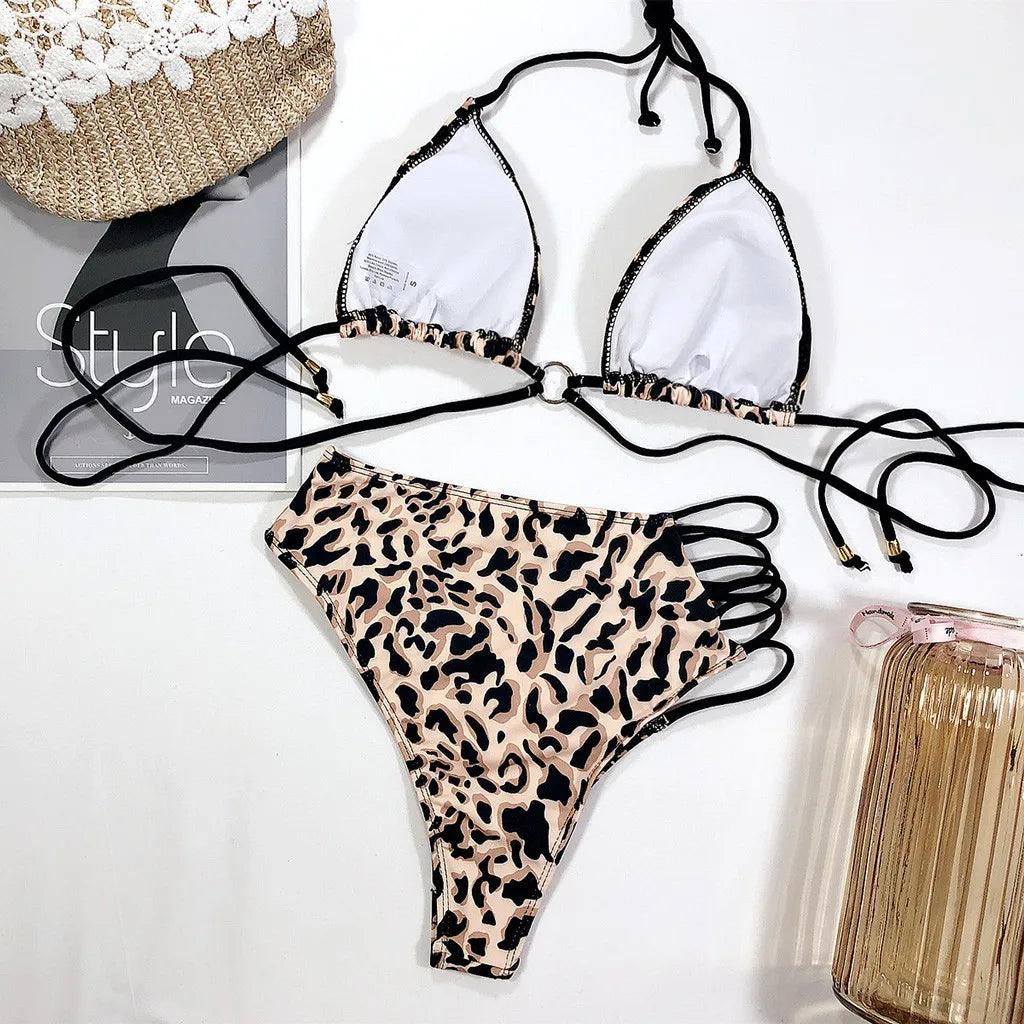 Leopard Print V Neck Sting Lace Up Swimsuits Swimwear Off Shoulder Bikini Swimsuits Push Up Swimwear Split Bikini Bathing Suits - She Vibess By C2P