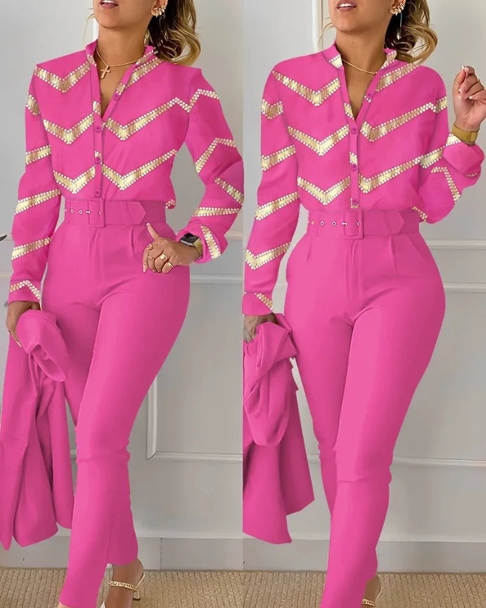 Autumn Winter Stand Neck Floral Print Long Sleeve Shirt Pants Two Piece Sets Elegant Women Casual Shirt Trousers Suits With Belt - She Vibess By C2P