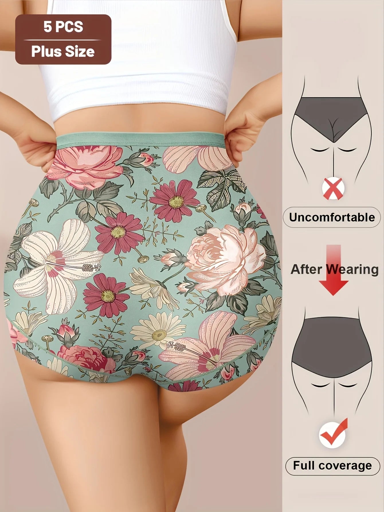 5-Pack Plus Size Panties for Women Ladies Multi Color Panties Underwear Breathable Wholesale High Waist Printed Underwear - She Vibess By C2P