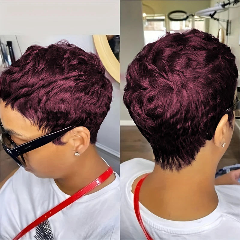 Short Pixie Cut Wig Human Hair For Women Machine Made Wigs With Bangs Colored Wig 180 Density - She Vibess By C2P