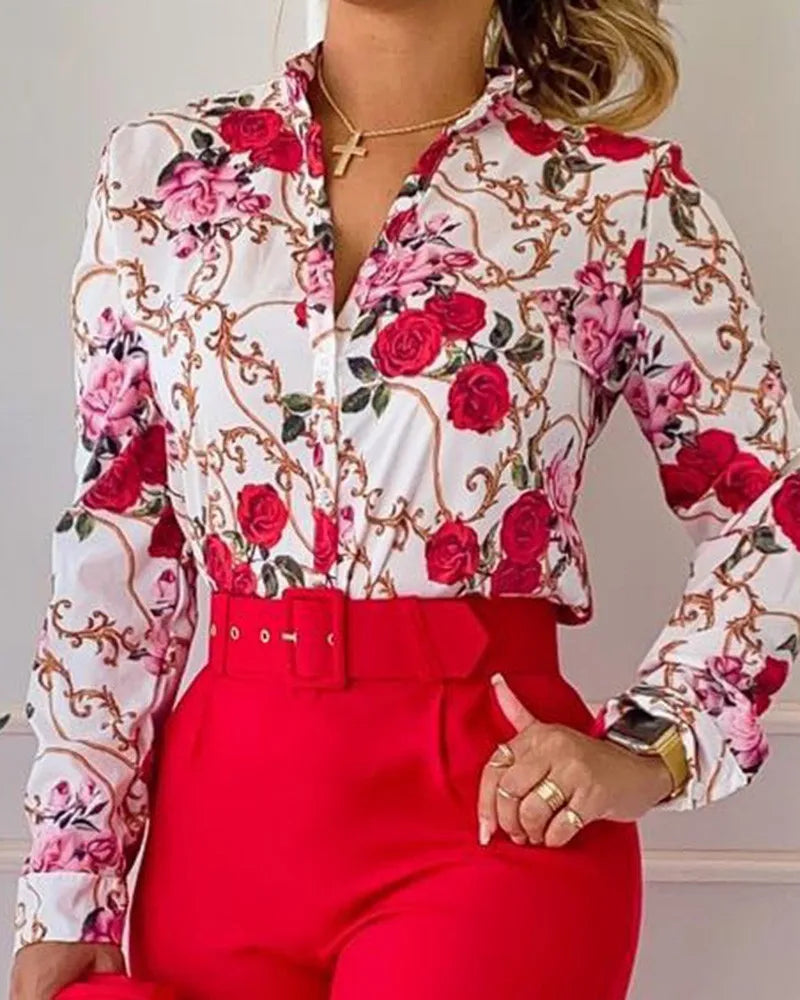 Autumn Winter Stand Neck Floral Print Long Sleeve Shirt Pants Two Piece Sets Elegant Women Casual Shirt Trousers Suits With Belt - She Vibess By C2P
