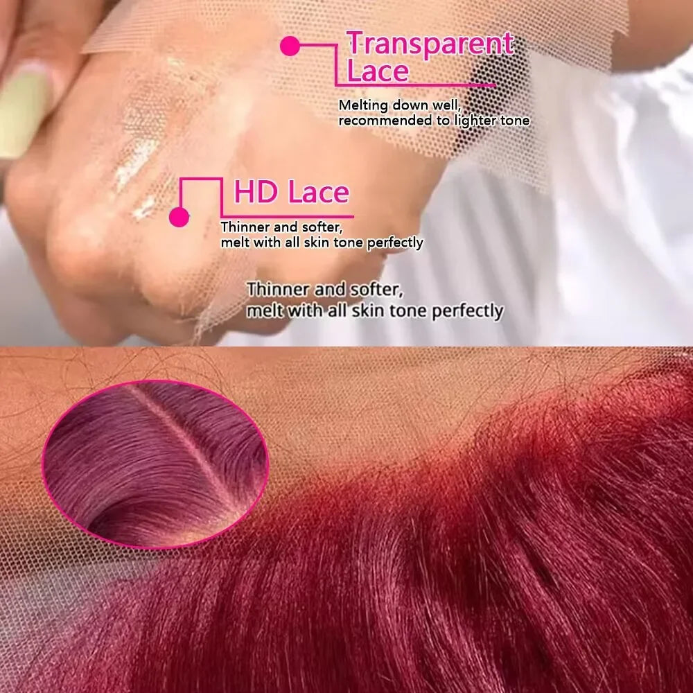 200 Density 99J Burgundy 30 36 Inch HD PrePlucked Transparent Remy Body Wave 13x4 13x6 Lace Frontal Wig Human Hair For Women - She Vibess By C2P