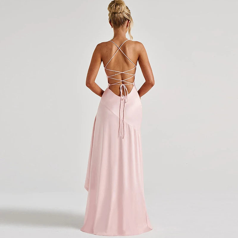 Sexy Slash Neck Slim Ruffle Banquet Dress Women Spring Backless Lace-up Long Irregular Dress Summer Sleeveless Hollow Maxi Dress - She Vibess By C2P