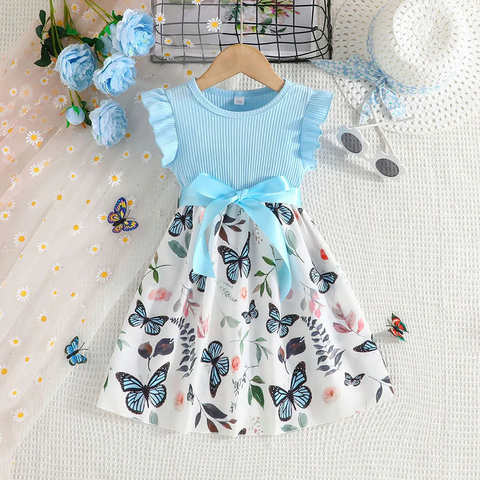 Cute and Comfortable Girls Summer Dress with Butterfly Print and Pitted Stripes Wear Special Occasions Girls Casual Dresses - She Vibess By C2P
