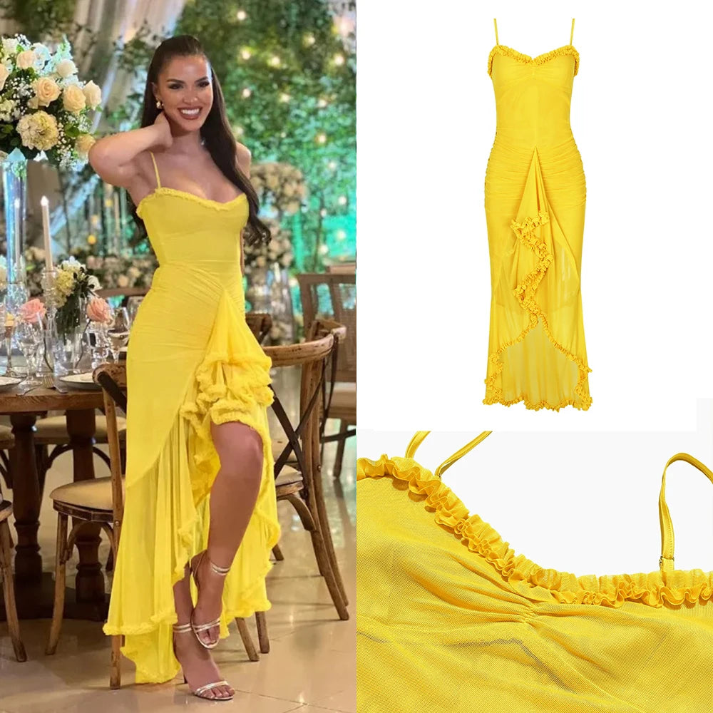 Suninheart Irregular Mesh Party Dresses 2024 New Arrivals Spaghetti Strap Bodycon Dress Fashion Ruched Long Dress Women - She Vibess By C2P