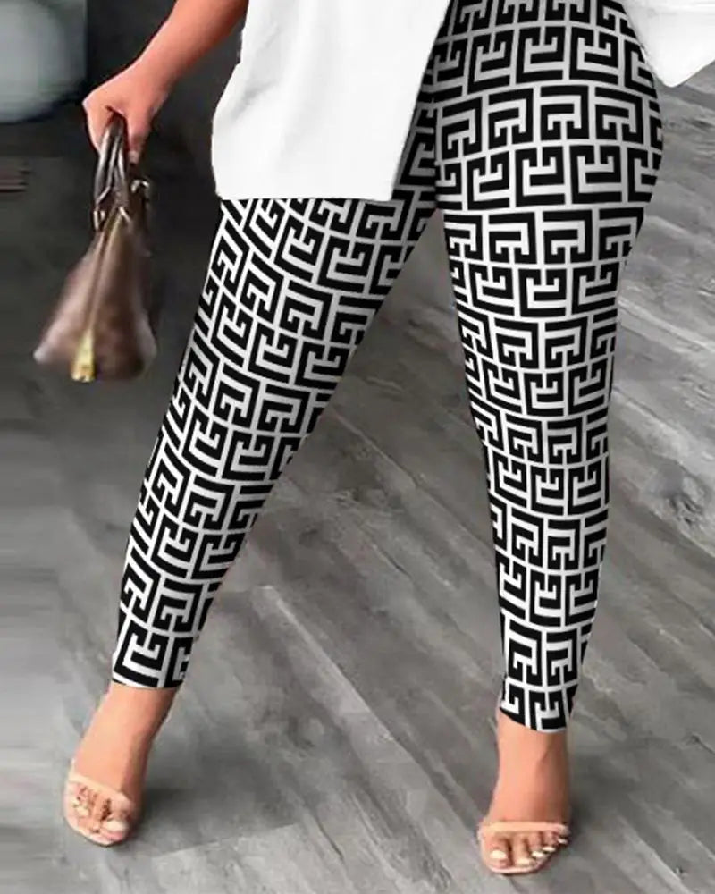 Elegant Women Two Piece Set Suits New Fashion Printed Ruffle Sleeve Top Solid Color Pants Set With Belt Blouses Female Clothing - She Vibess By C2P