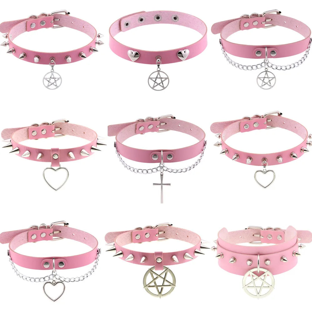 DIEZI Harajuku Pink PU Leather Star Heart Flower Choker Necklace Torques For Women Men Gothic Pink PU Leather -I’m Over 21 - She Vibess By C2P
