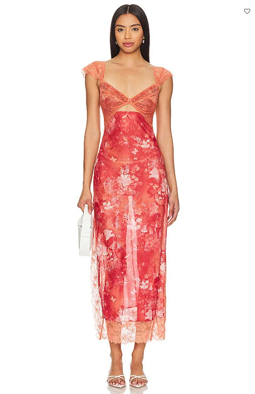 Summer New Lace Backless Shoulder Strap Splicing Slit Pattern Long Dress Women's Clothing - She Vibess By C2P