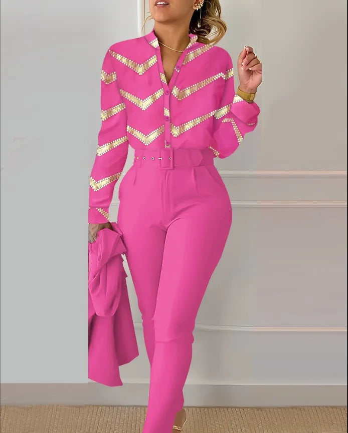 Autumn Winter Stand Neck Floral Print Long Sleeve Shirt Pants Two Piece Sets Elegant Women Casual Shirt Trousers Suits With Belt - She Vibess By C2P