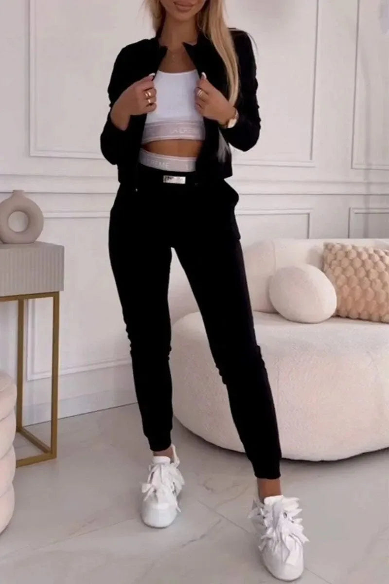 Sporty Casual Long Sleeve Zipper Solid Jacket 3 Pieces Set Women Autumn Workout Skinny Tank Tops Coat + Pants Matching Set Mujer - She Vibess By C2P