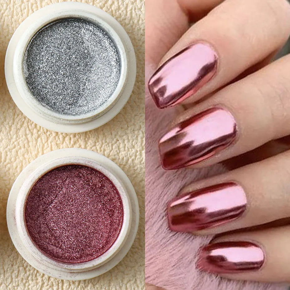 6pc Gold Metallic Mirror Glitter Nail Art Dust Rose Gold Silver Powder UV Gel Polish Chrome Rubbing Pigment Flake Manicure Decor - She Vibess By C2P