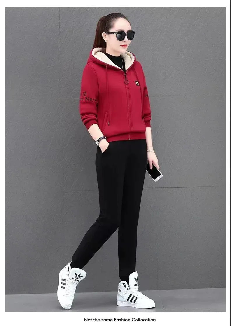 Fashionable Thickened Fleece Set Women's Loose Casual Outfit Hoodie with Pocket Two-Piece Autumn Winter Style Streetwear - She Vibess By C2P