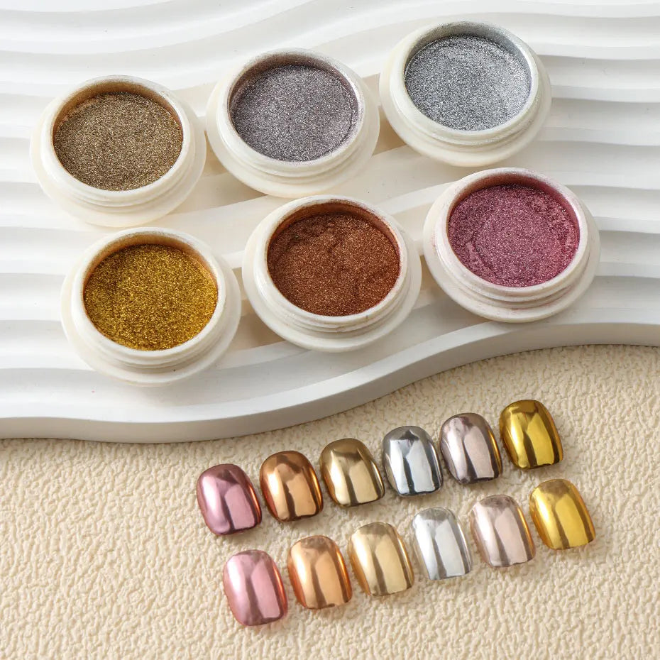 6pc Gold Metallic Mirror Glitter Nail Art Dust Rose Gold Silver Powder UV Gel Polish Chrome Rubbing Pigment Flake Manicure Decor - She Vibess By C2P