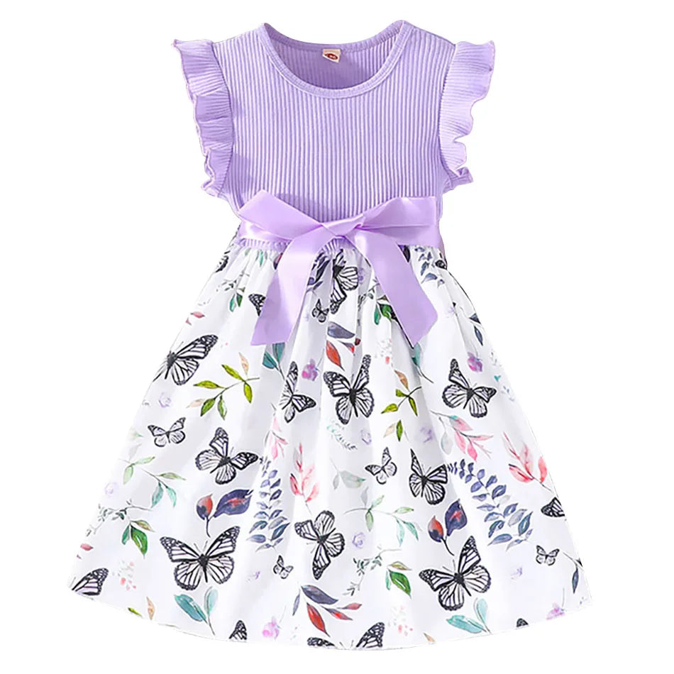 Cute and Comfortable Girls Summer Dress with Butterfly Print and Pitted Stripes Wear Special Occasions Girls Casual Dresses - She Vibess By C2P