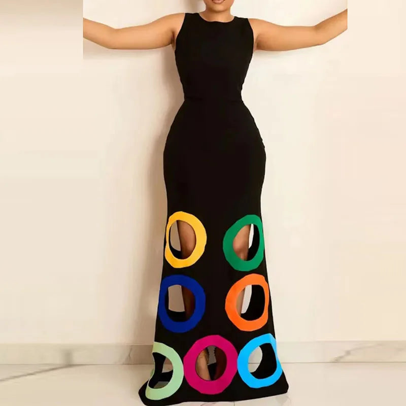 Summer Black Slim Hollow Sexy Party Vacation Long Dress Women's Elegant Casual Sleeveless Sundress New High Waist Evening Dress - She Vibess By C2P