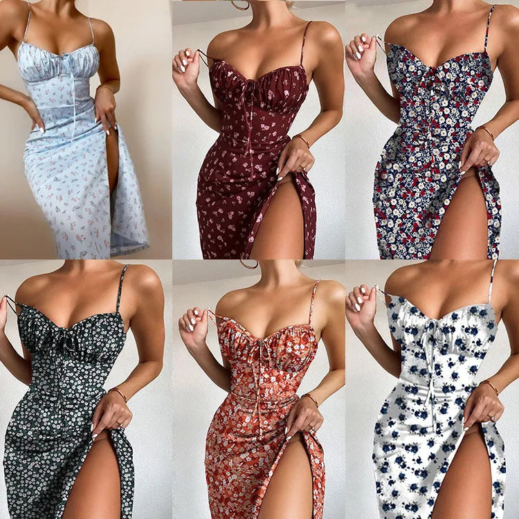 Flower Printed Spaghetti Strap Dresses For Women Sexy Low Cut Beach Party Slim Slit Dress Chic Bodycon Lady Sleeveless Vestidos - She Vibess By C2P