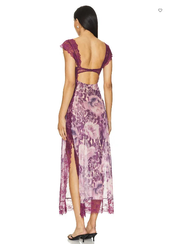 Summer New Lace Backless Shoulder Strap Splicing Slit Pattern Long Dress Women's Clothing - She Vibess By C2P