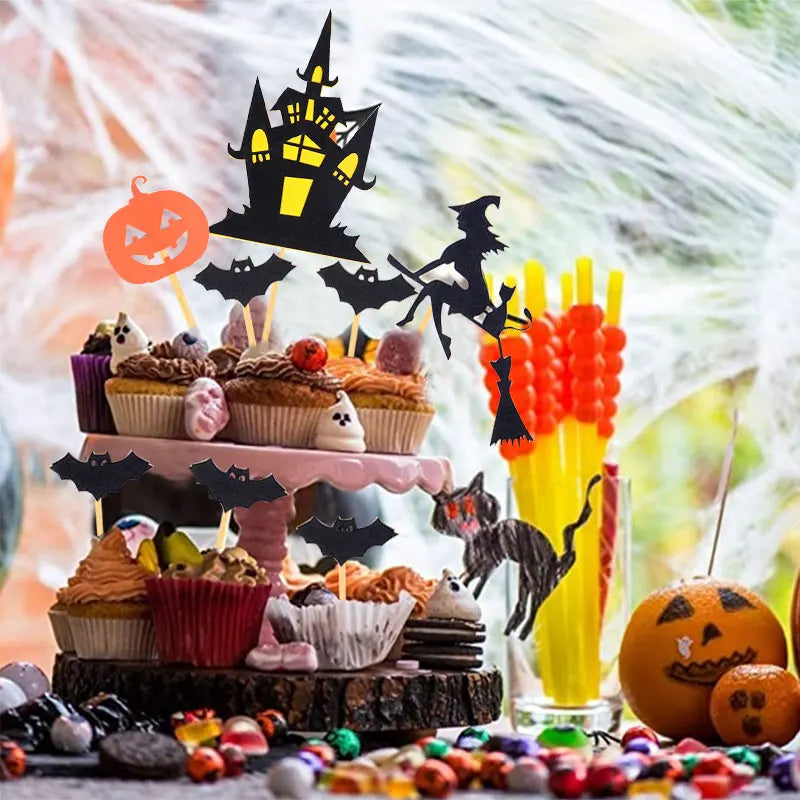 Halloween Cake Top Decoration DIY Cake Topper Castle Witch Pumpkin Cake Insert Flag Halloween Party Atmosphere Supplies - She Vibess By C2P