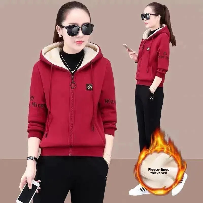 Fashionable Thickened Fleece Set Women's Loose Casual Outfit Hoodie with Pocket Two-Piece Autumn Winter Style Streetwear - She Vibess By C2P