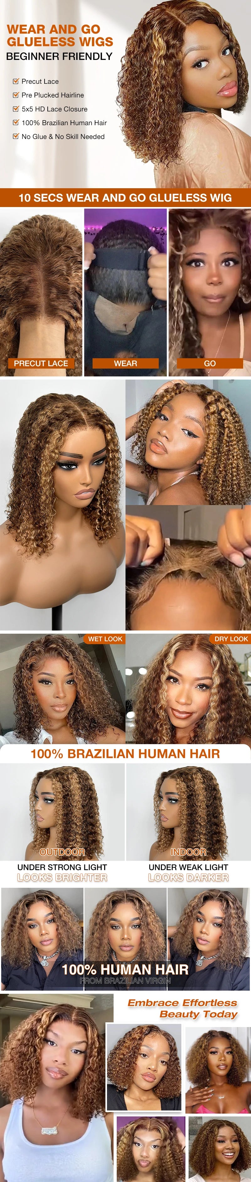 Deep Wave Honey Blonde Glueless Bob Wigs Human Hair Pre Plucked Pre Cut Highlight Wear and Go Curly Wigs Ombre HD Lace Front Wig - She Vibess By C2P