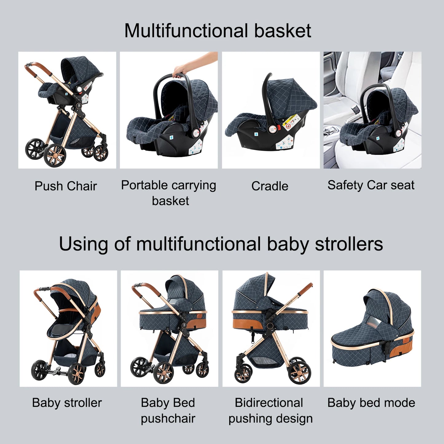 Lightweight Baby Stroller 3 in 1 Newborns Travel System Prams Multifunctional High Landscape Baby 4 IN 1 Strollers with Isofix - She Vibess By C2P