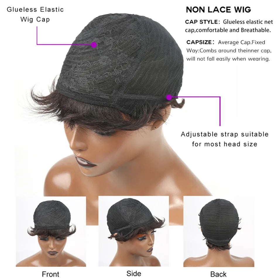 Short Pixie Cut Wig Human Hair For Women Machine Made Wigs With Bangs Brazilian Human Hair Wigs Cheap Pixie Cut WigsOn Sale - She Vibess By C2P