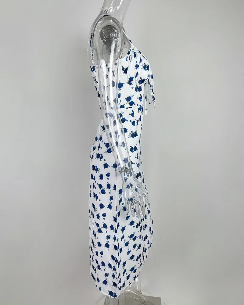 Flower Printed Spaghetti Strap Dresses For Women Sexy Low Cut Beach Party Slim Slit Dress Chic Bodycon Lady Sleeveless Vestidos - She Vibess By C2P