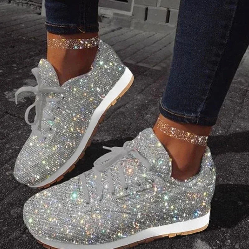 2024 New Women Flat Sneakers Casual Bling Vulcanized Shoes Women Mesh Lace Up Platform Plus Size Fashion Outdoor Woman Shoes - She Vibess By C2P