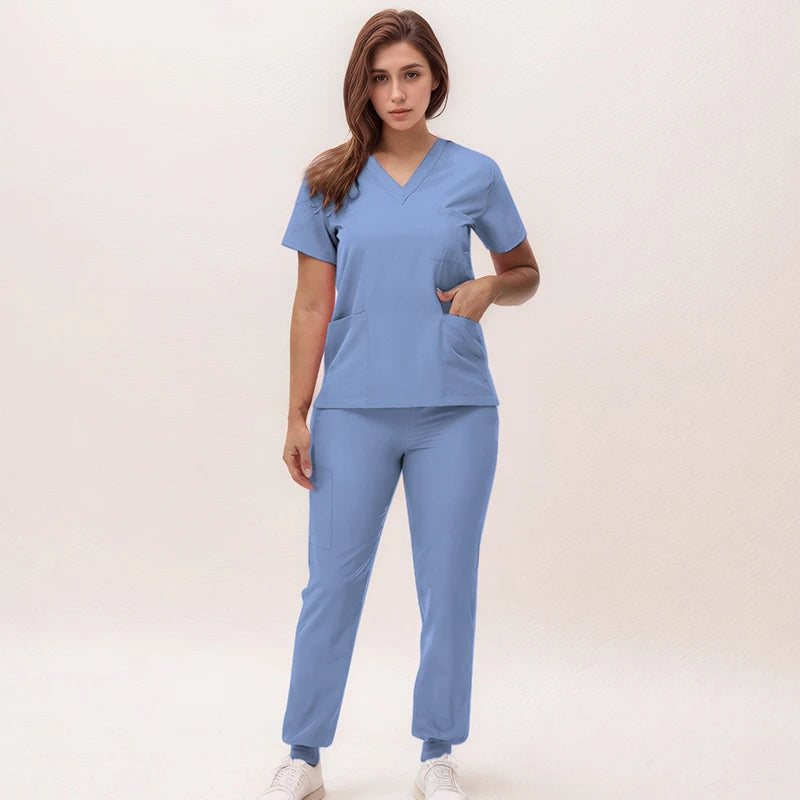 2025 New Nurse Uniforms V-neck Top Jogger Pants Scrub Sets Surgical Workwear Dentist Nursing Suit Hospital Doctor Outfit S21 - She Vibess By C2P