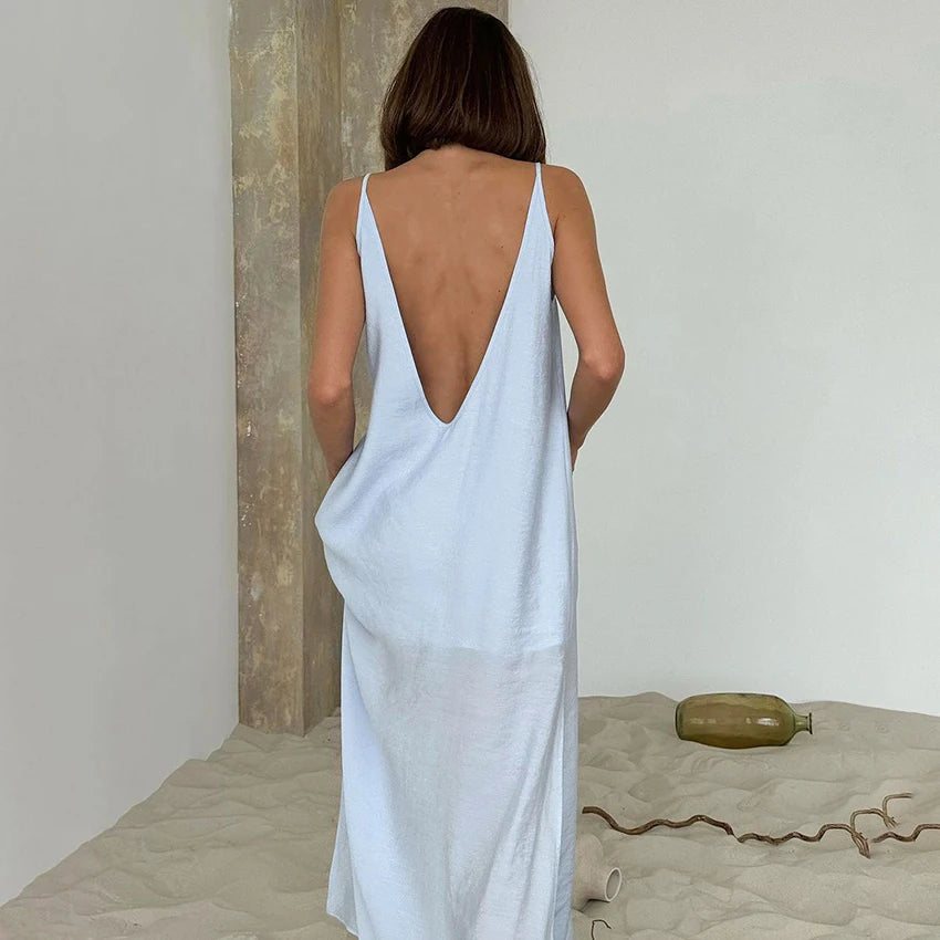 HiLoc Casual Loose White Long Dress Robe 2025 New Summer V Neck Dresses For Women Spring Sleeveless Straight Robes Nightgown - She Vibess By C2P