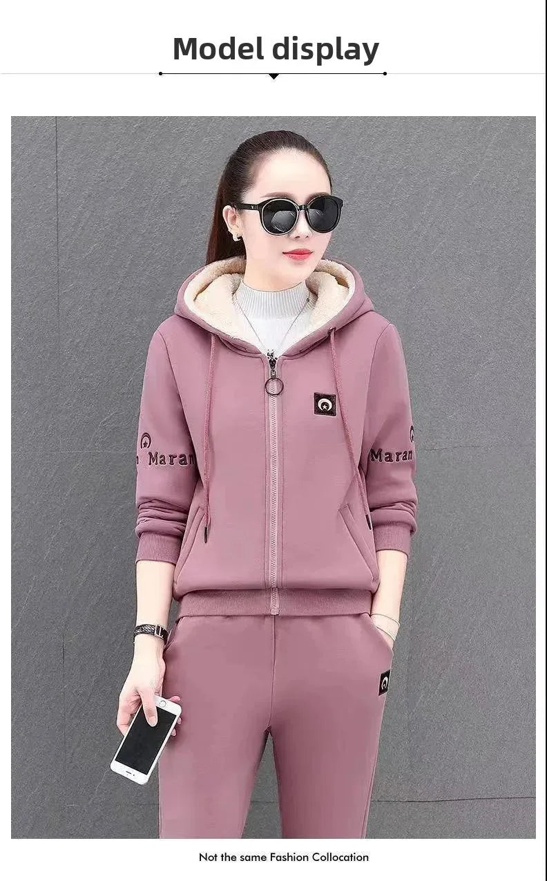 Fashionable Thickened Fleece Set Women's Loose Casual Outfit Hoodie with Pocket Two-Piece Autumn Winter Style Streetwear - She Vibess By C2P